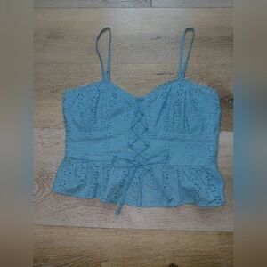 Wild fable Light Green Eyelet Lace-Up Peplum Cami Like New Sz S